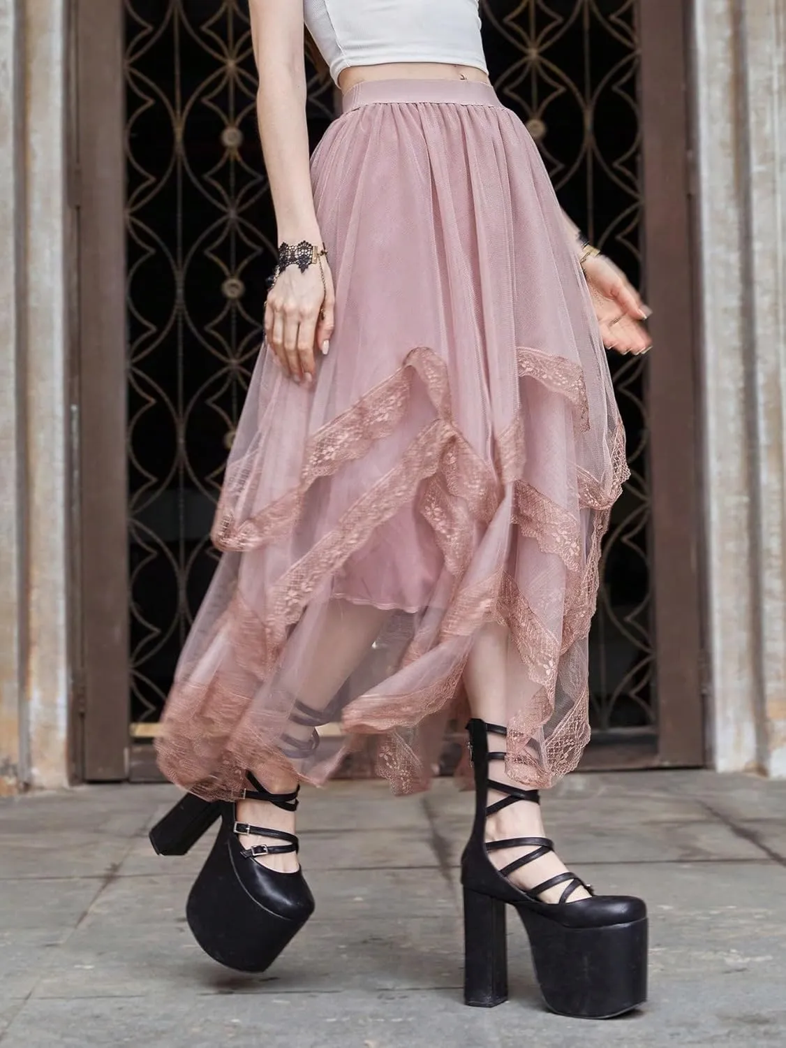 Womans Goth Lace Maxi Skirt A-Line Elastic High Waist Flowy Trim Layered Mesh Tulle Midi Skirts