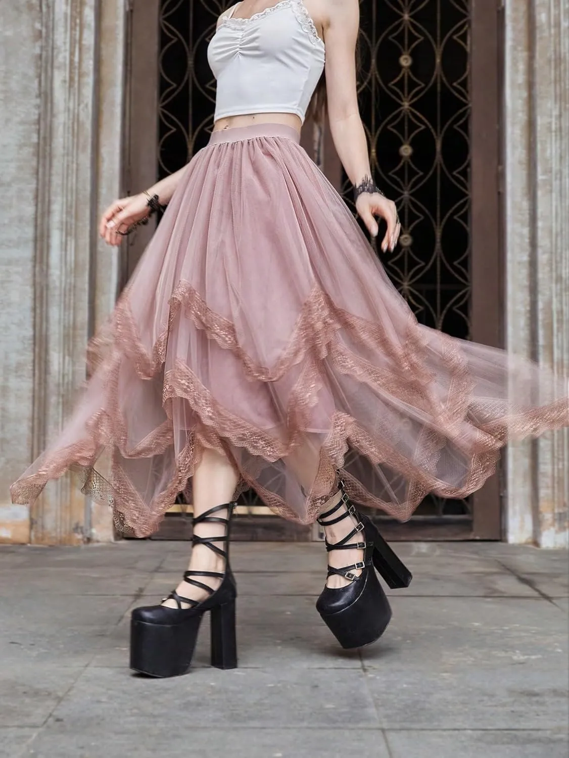 Womans Goth Lace Maxi Skirt A-Line Elastic High Waist Flowy Trim Layered Mesh Tulle Midi Skirts
