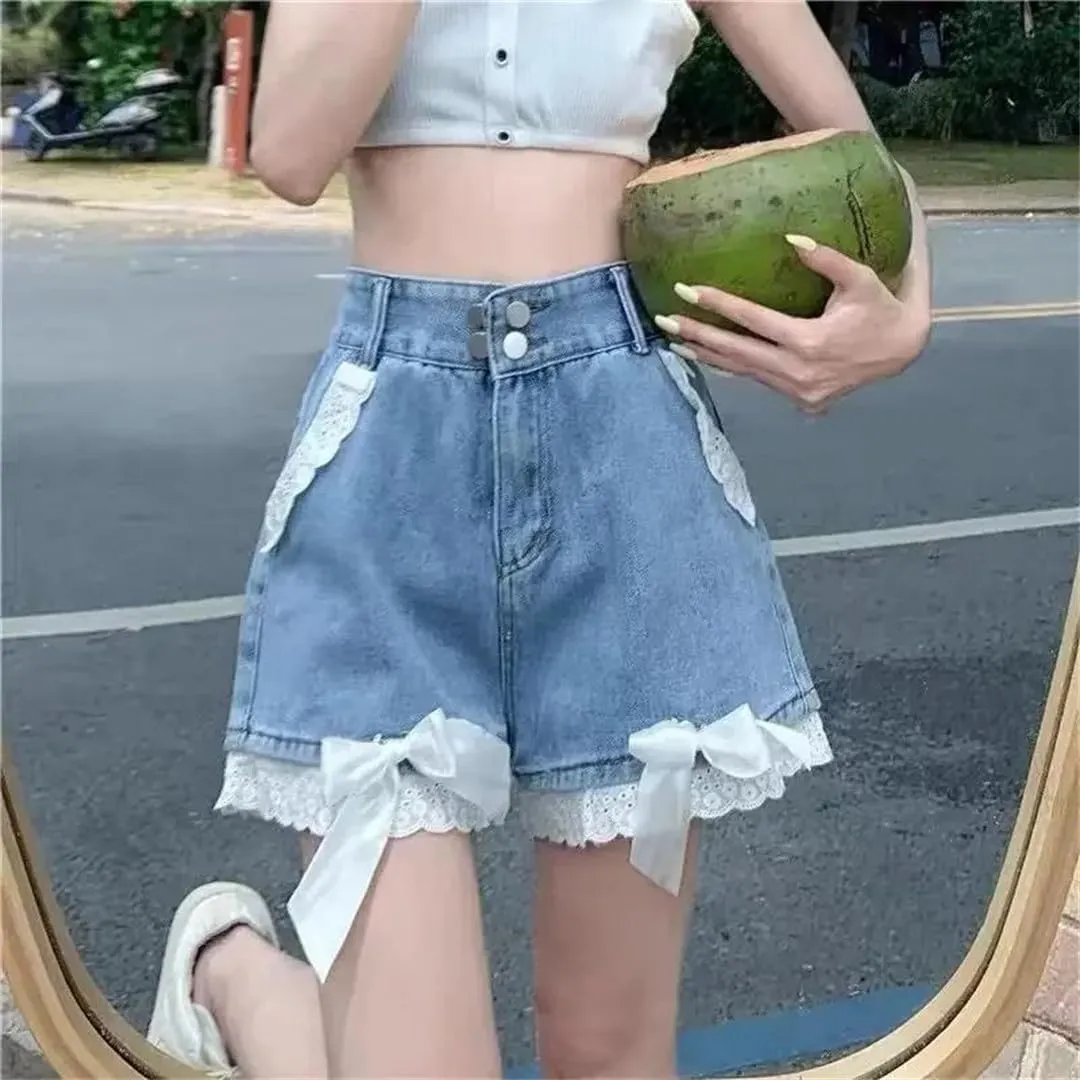 Women Denim Shorts Lace for High-Waisted Bow Summer Warm