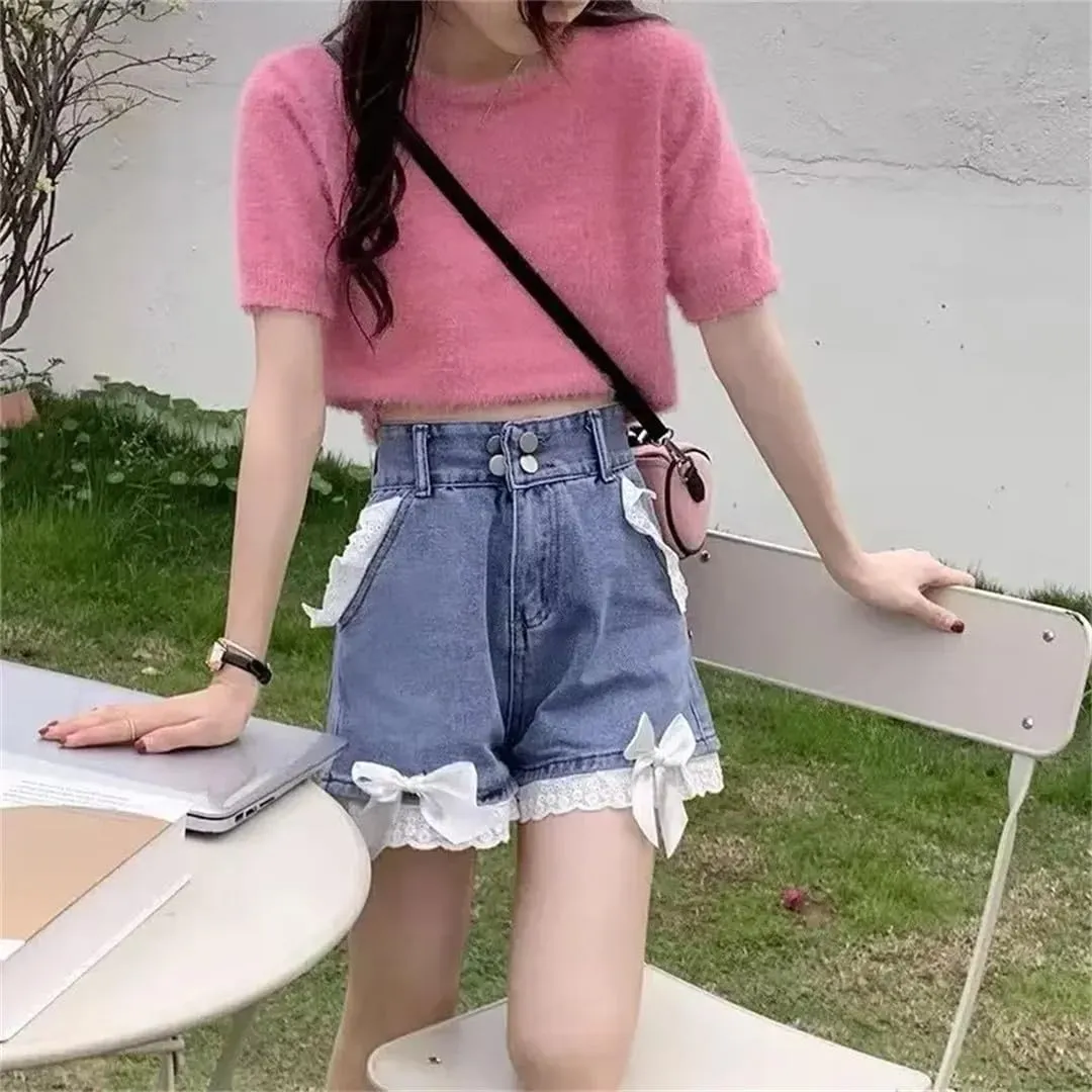 Women Denim Shorts Lace for High-Waisted Bow Summer Warm
