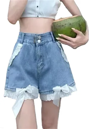 Women Denim Shorts Lace for High-Waisted Bow Summer Warm