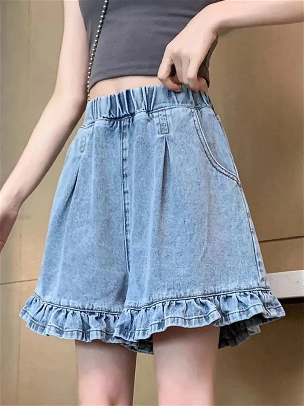 Women Denim Shorts Ruffles High Waist Short Pants Jeans Solid Color High Waisted Shorts