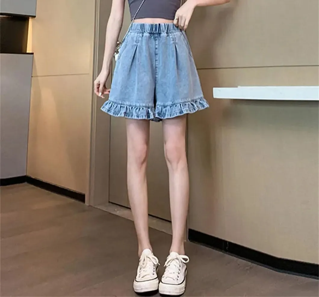 Women Denim Shorts Ruffles High Waist Short Pants Jeans Solid Color High Waisted Shorts