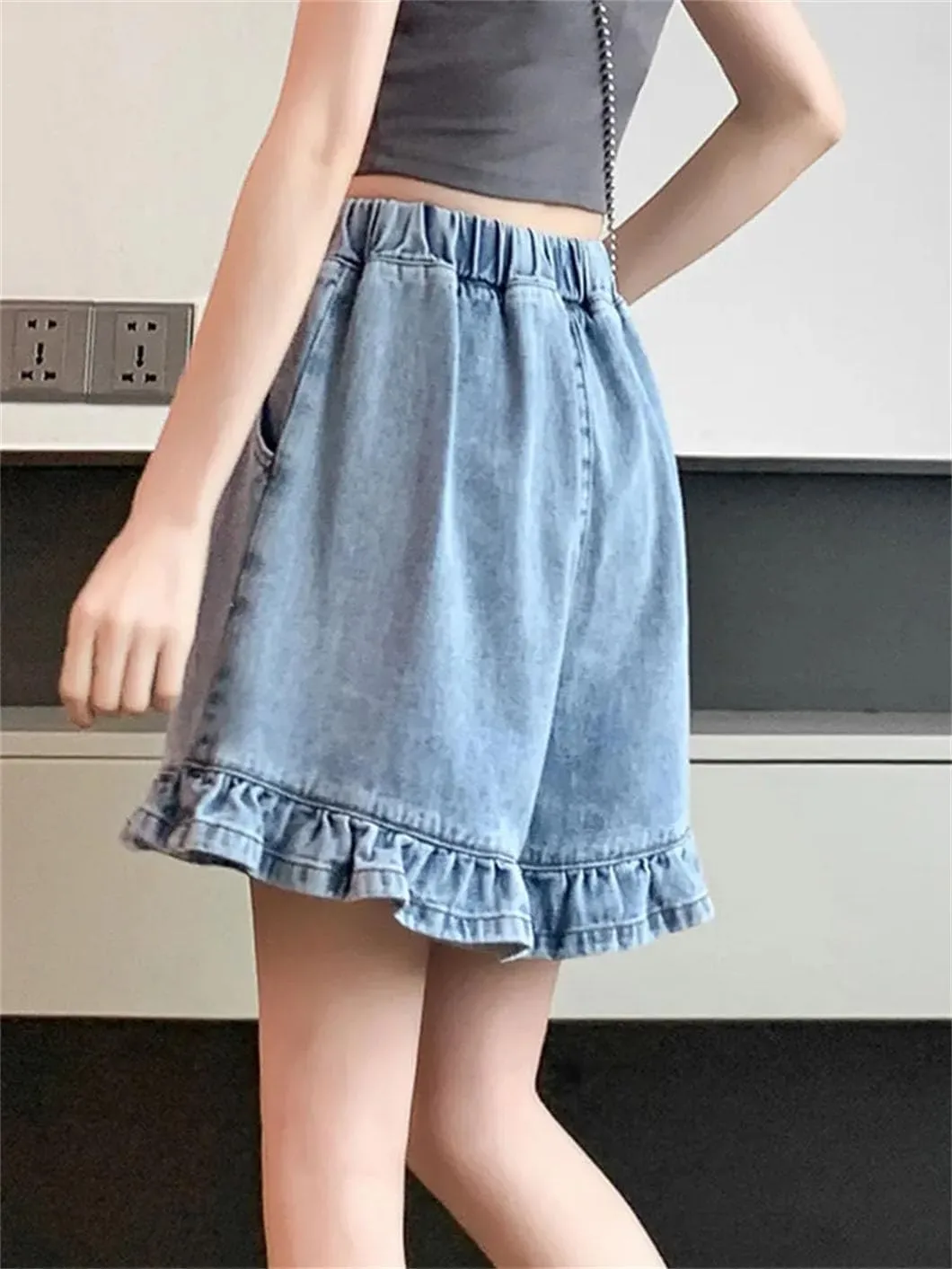 Women Denim Shorts Ruffles High Waist Short Pants Jeans Solid Color High Waisted Shorts