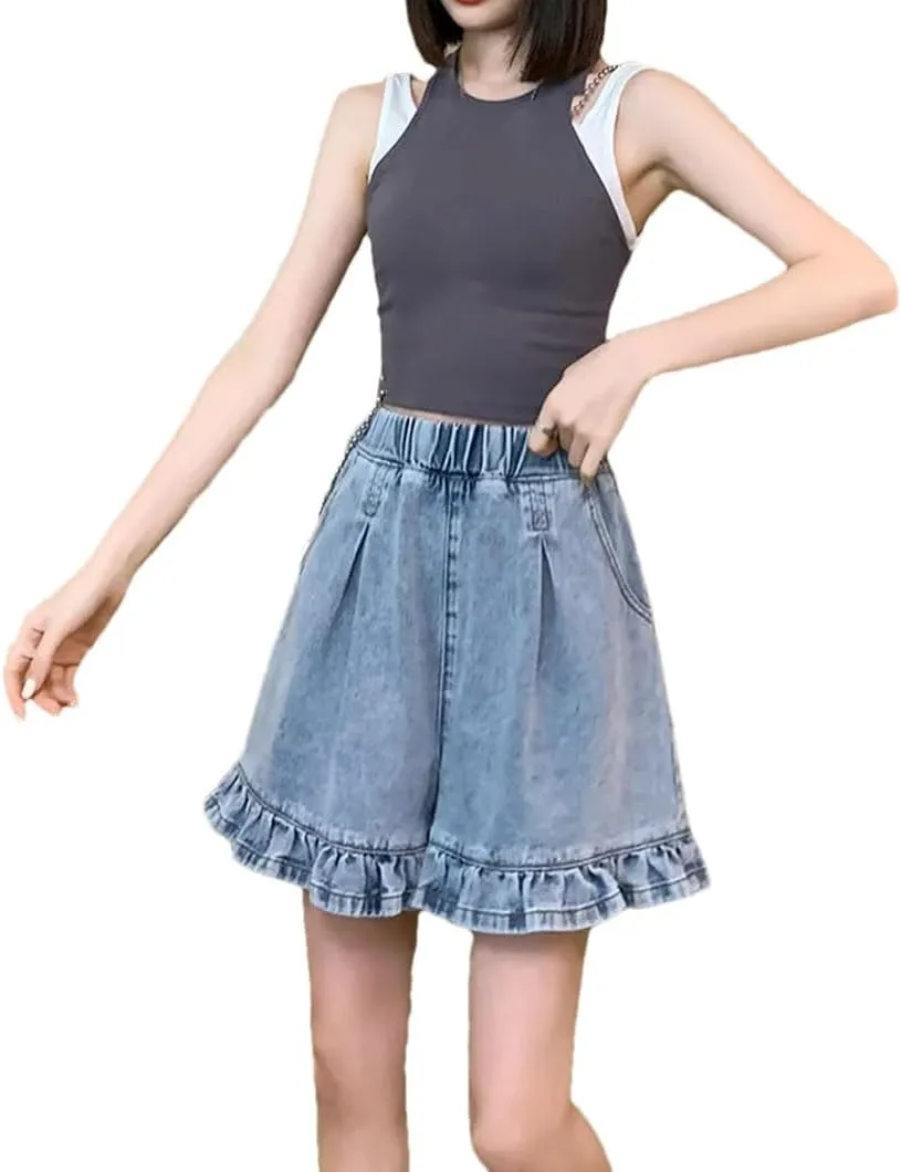 Women Denim Shorts Ruffles High Waist Short Pants Jeans Solid Color High Waisted Shorts