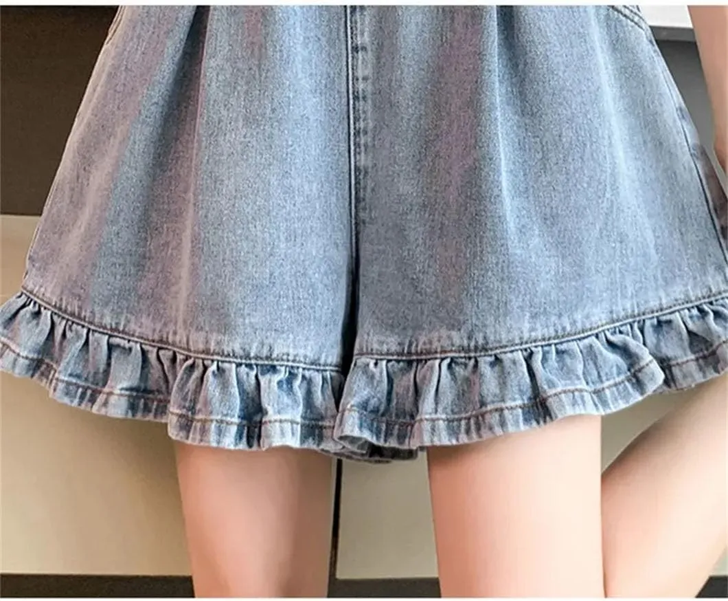 Women Denim Shorts Ruffles High Waist Short Pants Jeans Solid Color High Waisted Shorts
