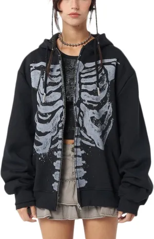 Women Girls Y2k Zip Up Hoodie Vintage Graphic Long Sleeve Oversized Jackets Harajuku Grunge Hooded Sweatshirt