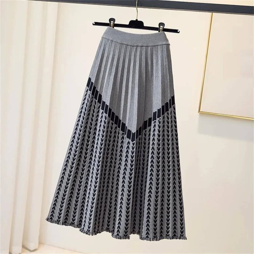 Women Midi Long Knitted Skirt Autumn Winter Thick Warm Geometric Print A Line High Waist Pleated Skirt
