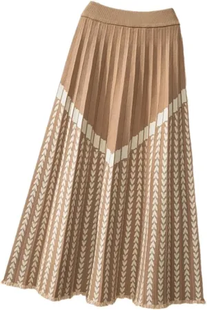 Women Midi Long Knitted Skirt Autumn Winter Thick Warm Geometric Print A Line High Waist Pleated Skirt