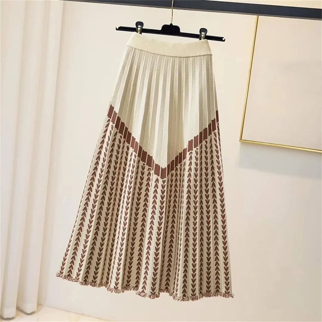 Women Midi Long Knitted Skirt Autumn Winter Thick Warm Geometric Print A Line High Waist Pleated Skirt