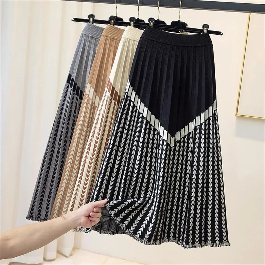 Women Midi Long Knitted Skirt Autumn Winter Thick Warm Geometric Print A Line High Waist Pleated Skirt