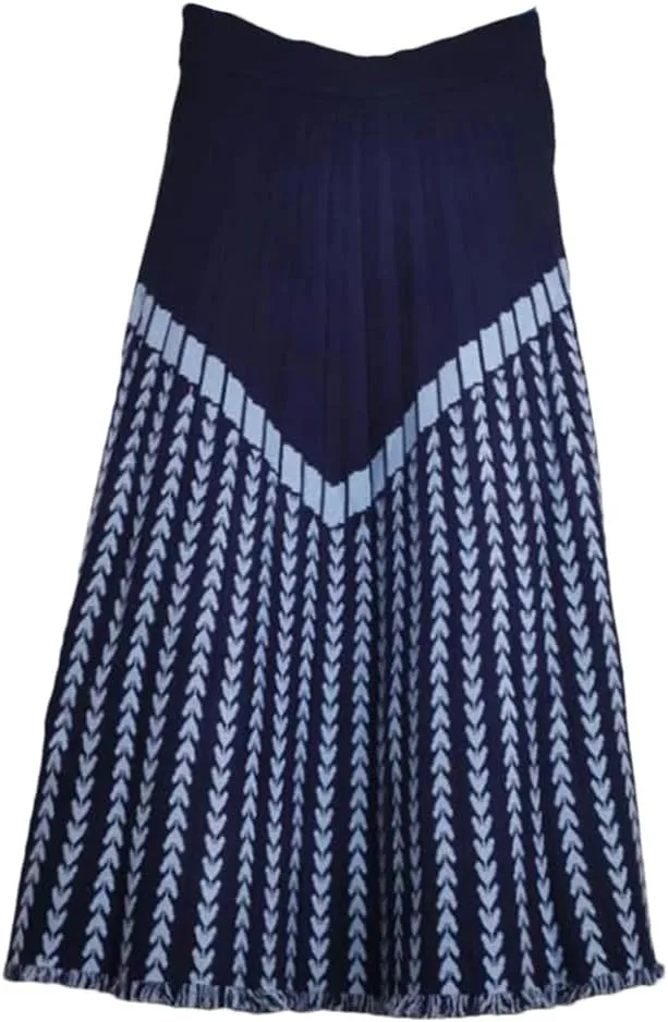 Women Midi Long Knitted Skirt Autumn Winter Thick Warm Geometric Print A Line High Waist Pleated Skirt