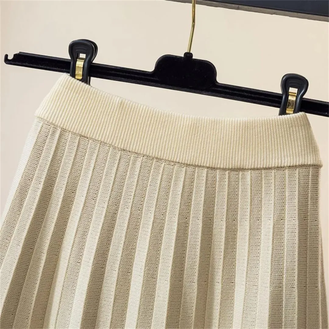 Women Midi Long Knitted Skirt Autumn Winter Thick Warm Geometric Print A Line High Waist Pleated Skirt