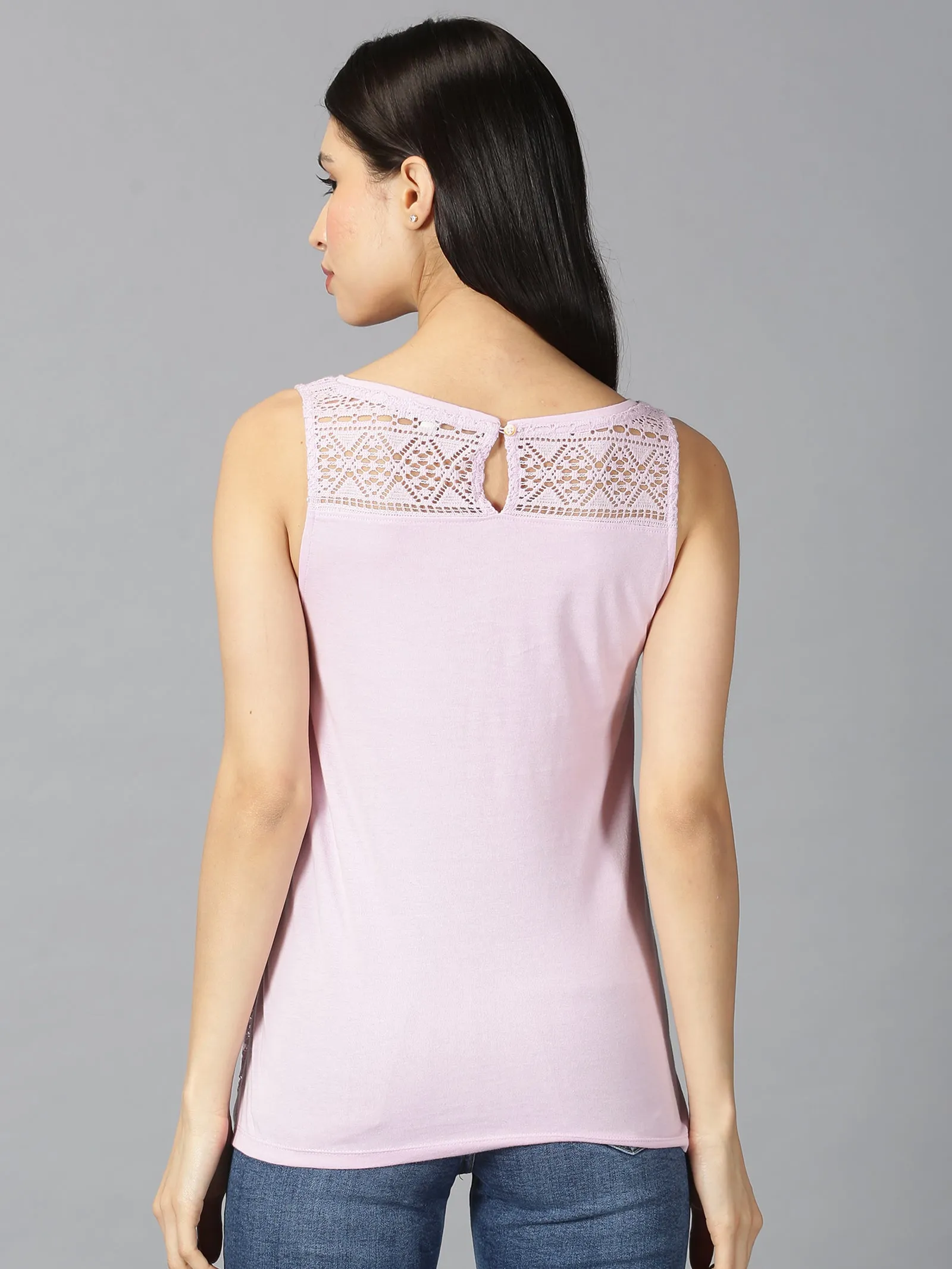 Women Pink Solid Trendy Laced Round Neck Tank Top