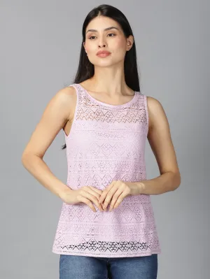 Women Pink Solid Trendy Laced Round Neck Tank Top