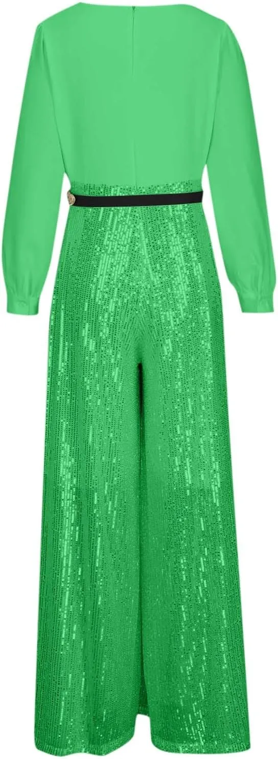 Women Sequins Jumpsuits Clubwear Long Sleeve V-Neck Party Evening Outfit Belted High Waist Wide Leg Trouser Pantsuits