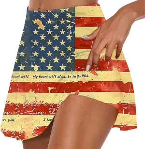 Women Tennis Skirts with Pockets High Waisted Athletic Golf Skorts Skirts Independence Day Print Yoga Leggings Shorts