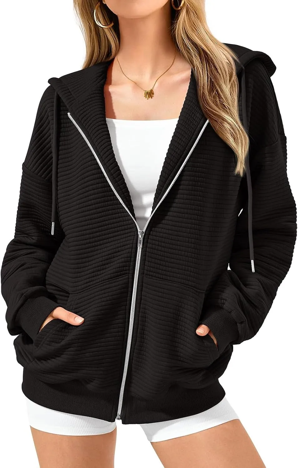 Women Zip Up Hoodie Long Sleeve Hooded Oversized Sweatshirts Y2K Jacket with Pockets Casual Drawstring Fall Coat