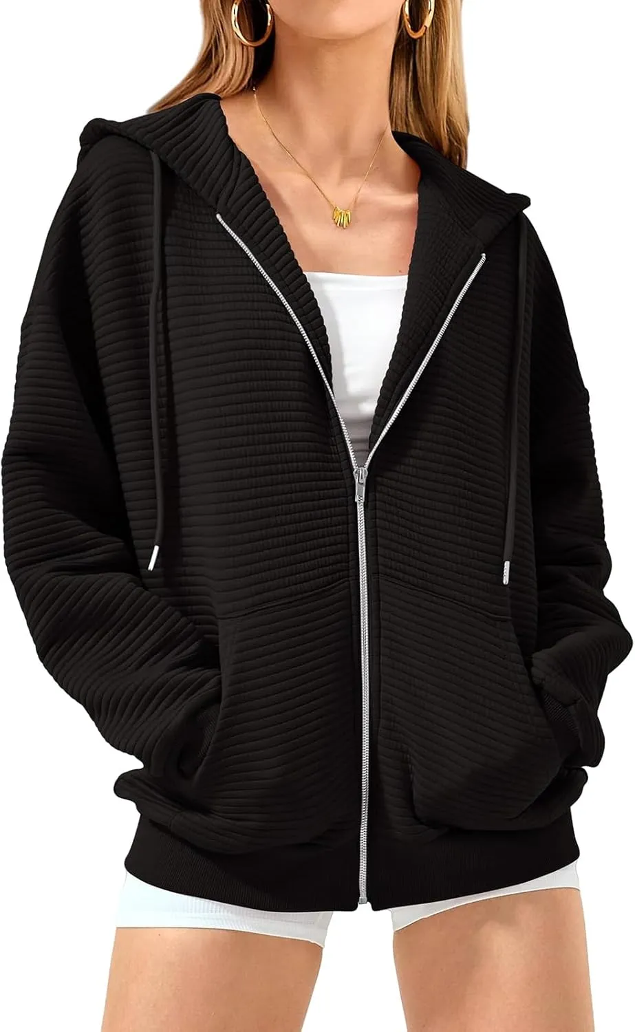 Women Zip Up Hoodie Long Sleeve Hooded Oversized Sweatshirts Y2K Jacket with Pockets Casual Drawstring Fall Coat