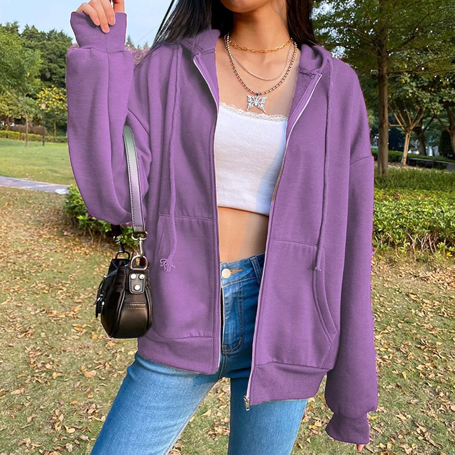 Women Zip Up Y2K Hoodie Fall Oversized Sweatshirts Casual Drawstring Hooded Pockets Jacket 2024 Long Sleeve Clothes