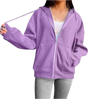 Women Zip Up Y2K Hoodie Fall Oversized Sweatshirts Casual Drawstring Hooded Pockets Jacket 2024 Long Sleeve Clothes