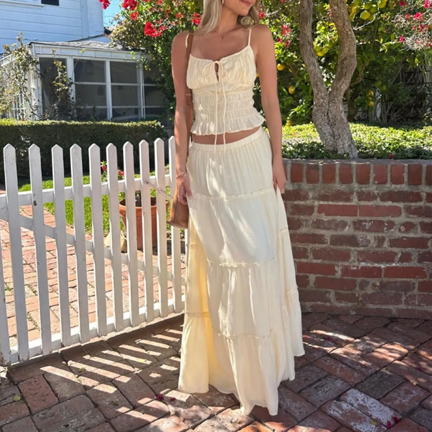 Women's 2 Pcs Set Skirts Outfits Solid Color Ruched Tie Up Front Sleeveless Cami Tops Long Skirt Trendy Y2k Outfits