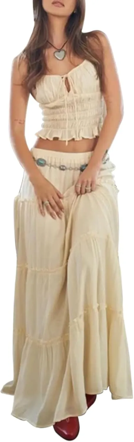Women's 2 Pcs Set Skirts Outfits Solid Color Ruched Tie Up Front Sleeveless Cami Tops Long Skirt Trendy Y2k Outfits
