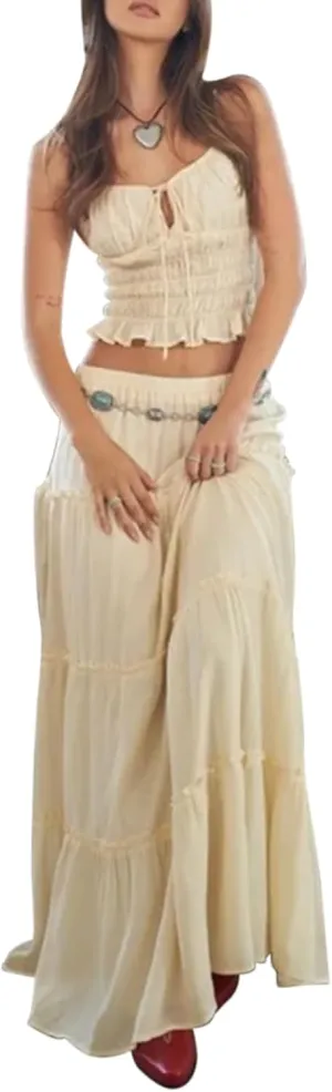 Women's 2 Pcs Set Skirts Outfits Solid Color Ruched Tie Up Front Sleeveless Cami Tops Long Skirt Trendy Y2k Outfits