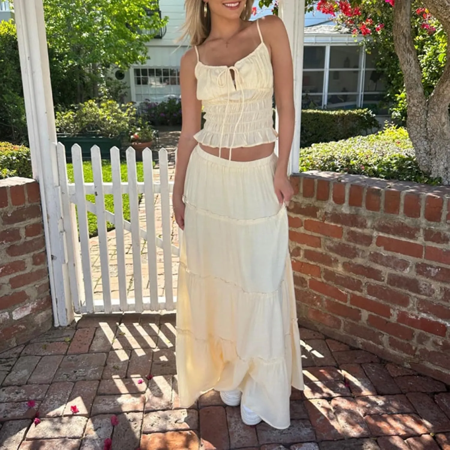 Women's 2 Pcs Set Skirts Outfits Solid Color Ruched Tie Up Front Sleeveless Cami Tops Long Skirt Trendy Y2k Outfits