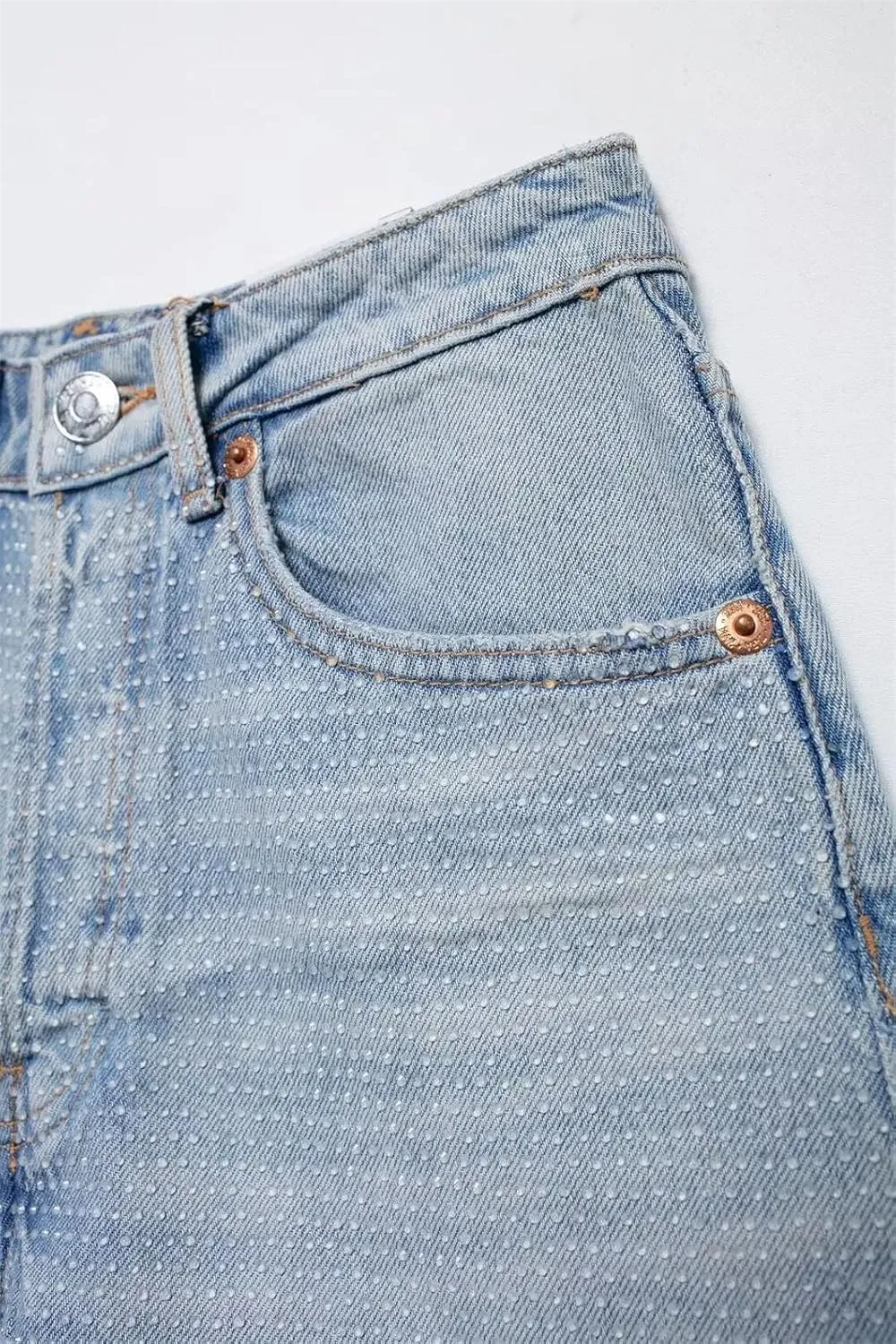 Womens Casual High-Waisted Denim Shorts Rhinestones Polka Dot Short Denim Pant