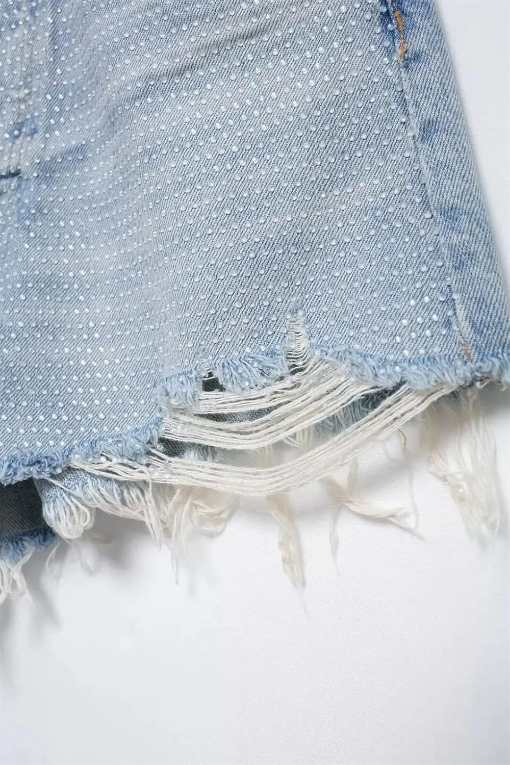 Womens Casual High-Waisted Denim Shorts Rhinestones Polka Dot Short Denim Pant