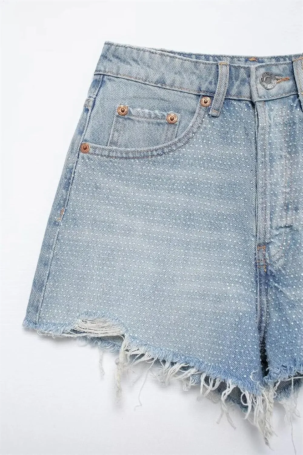 Womens Casual High-Waisted Denim Shorts Rhinestones Polka Dot Short Denim Pant