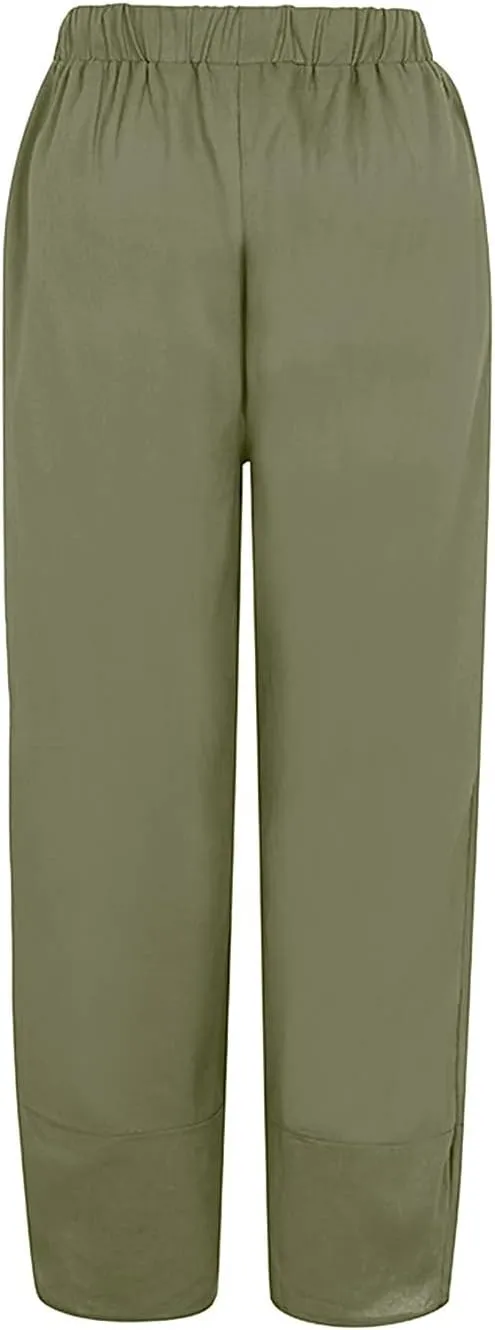 Women's Cotton Linen Summer Comfy Pant Trousers Elastic Waisted Wide Leg Slim-Fit Trousers Business Work