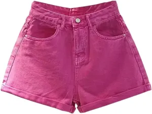 Womens Denim Shorts A-Line Pants Jean Short Solid Color High Waisted Button Pant