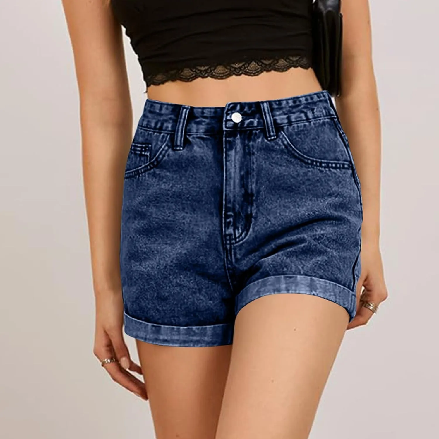 Womens Denim Shorts High Waisted Wide Leg Fold Hem Jean Shorts Stretchy Frayed Casual Summer Hot Short Pants with Pockets
