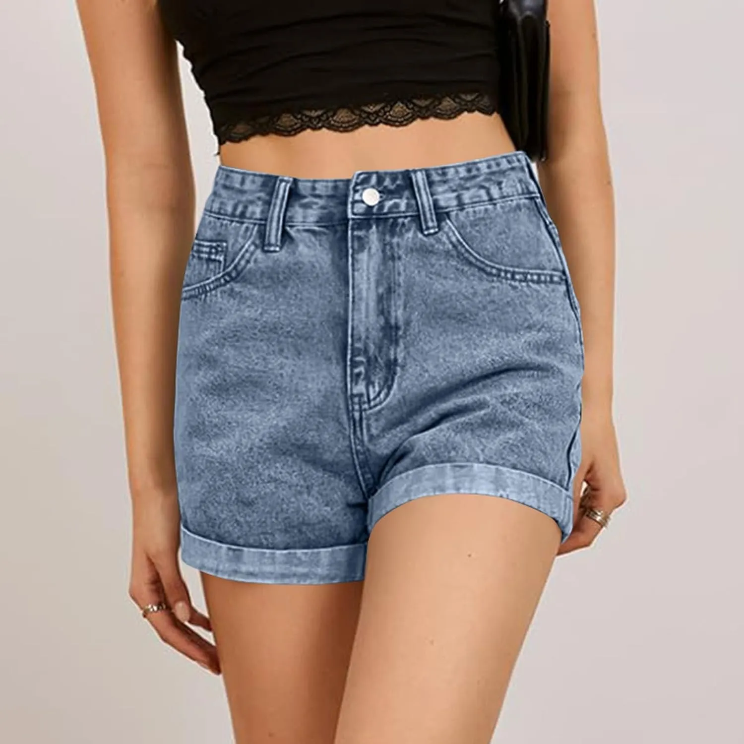 Womens Denim Shorts High Waisted Wide Leg Fold Hem Jean Shorts Stretchy Frayed Casual Summer Hot Short Pants with Pockets