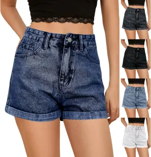 Womens Denim Shorts High Waisted Wide Leg Fold Hem Jean Shorts Stretchy Frayed Casual Summer Hot Short Pants with Pockets