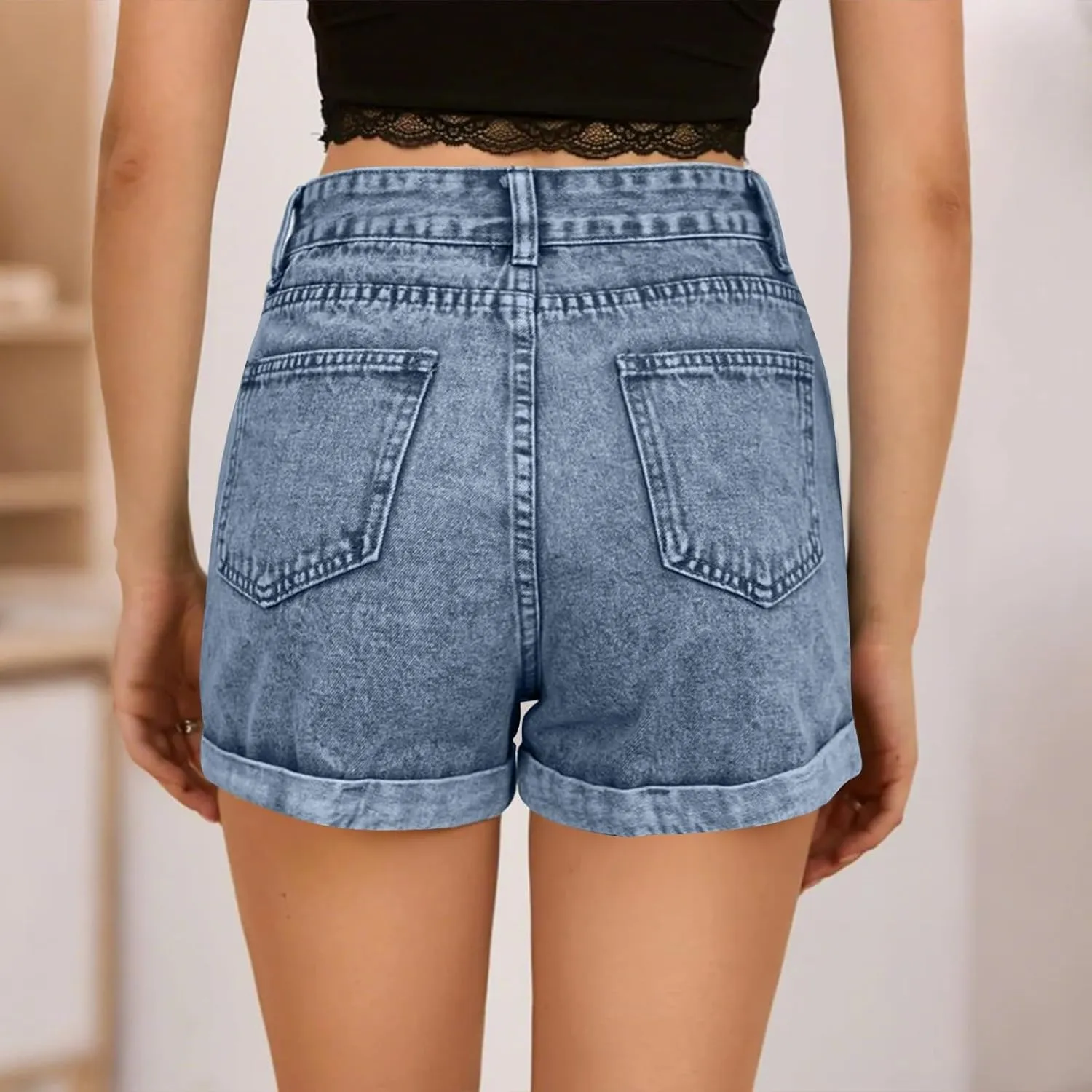 Womens Denim Shorts High Waisted Wide Leg Fold Hem Jean Shorts Stretchy Frayed Casual Summer Hot Short Pants with Pockets