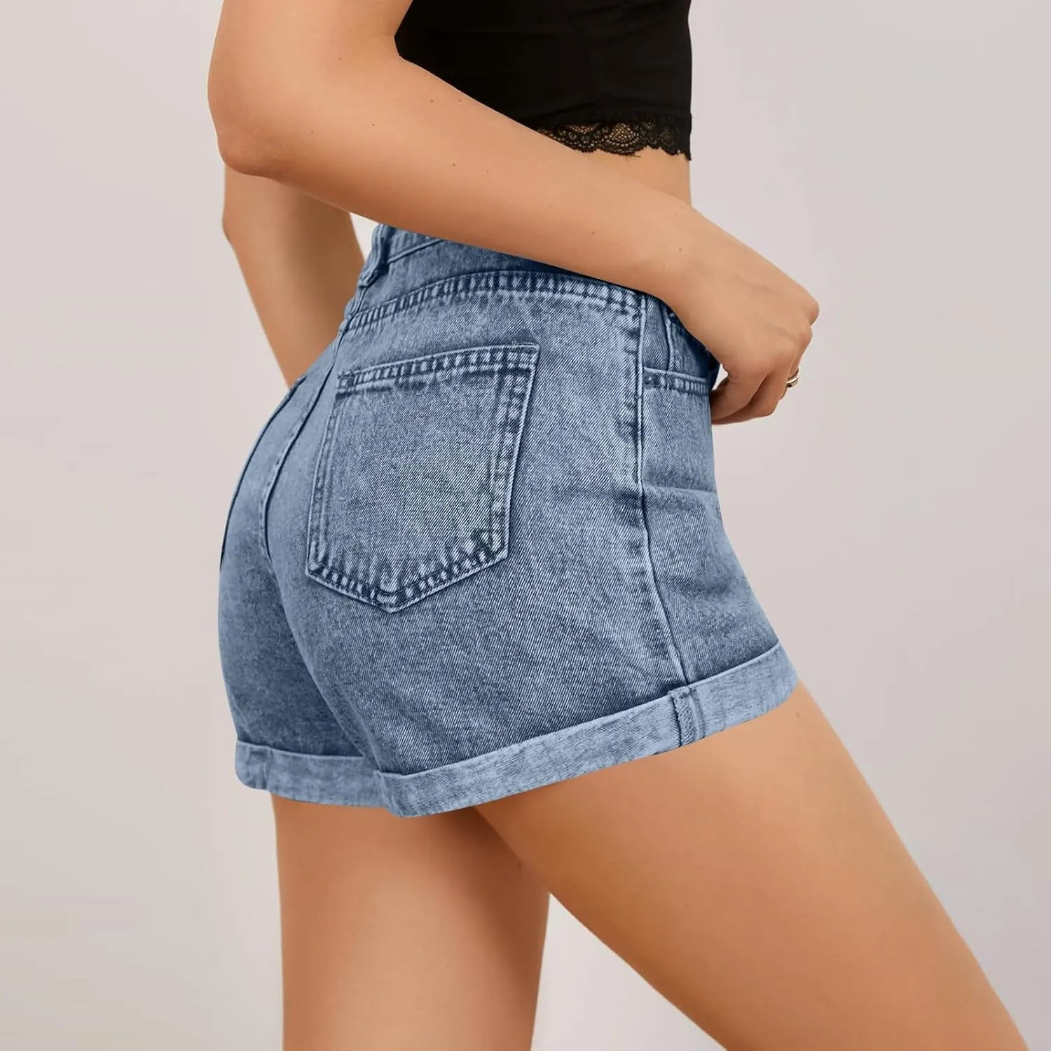 Womens Denim Shorts High Waisted Wide Leg Fold Hem Jean Shorts Stretchy Frayed Casual Summer Hot Short Pants with Pockets