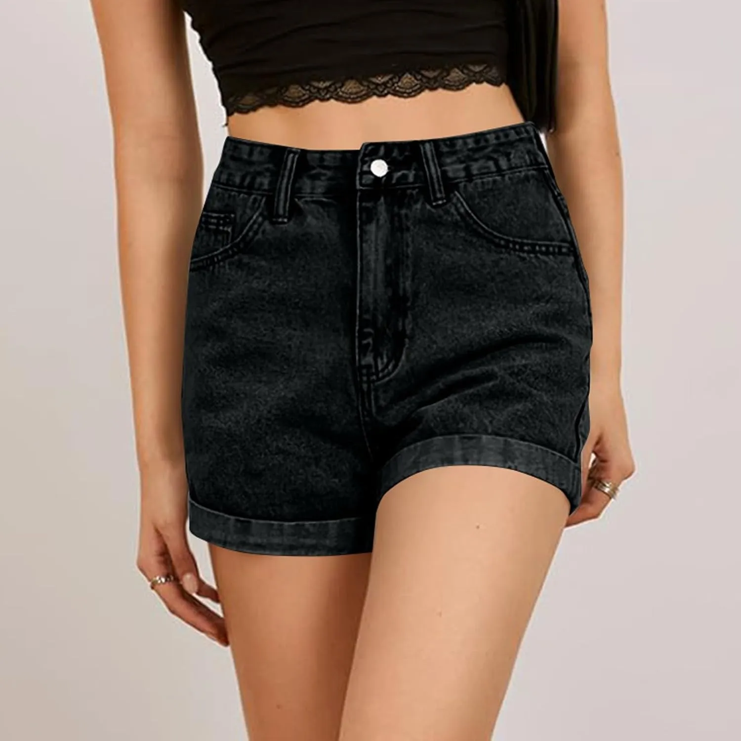 Womens Denim Shorts High Waisted Wide Leg Fold Hem Jean Shorts Stretchy Frayed Casual Summer Hot Short Pants with Pockets