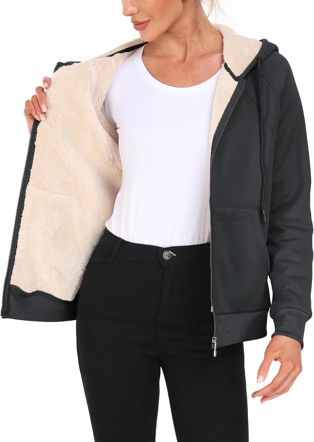 Womens Fleece Lined Hoodie Jackets Full Zip Hoodies with Zipper Pocket Warm Hoodie Sweatshirts for Women