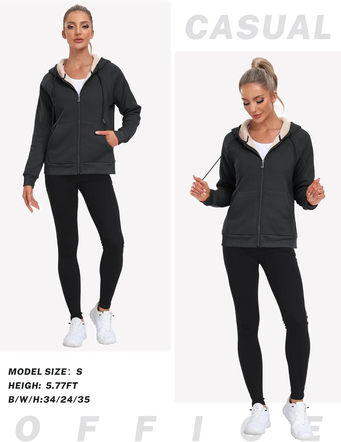 Womens Fleece Lined Hoodie Jackets Full Zip Hoodies with Zipper Pocket Warm Hoodie Sweatshirts for Women