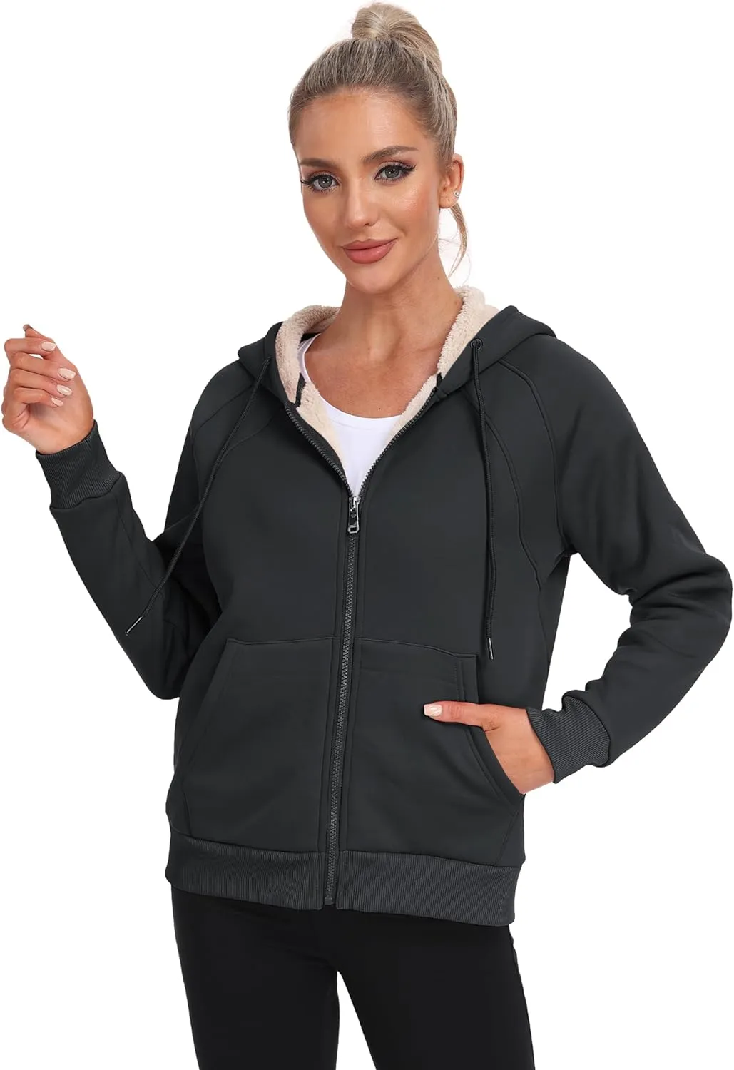 Womens Fleece Lined Hoodie Jackets Full Zip Hoodies with Zipper Pocket Warm Hoodie Sweatshirts for Women