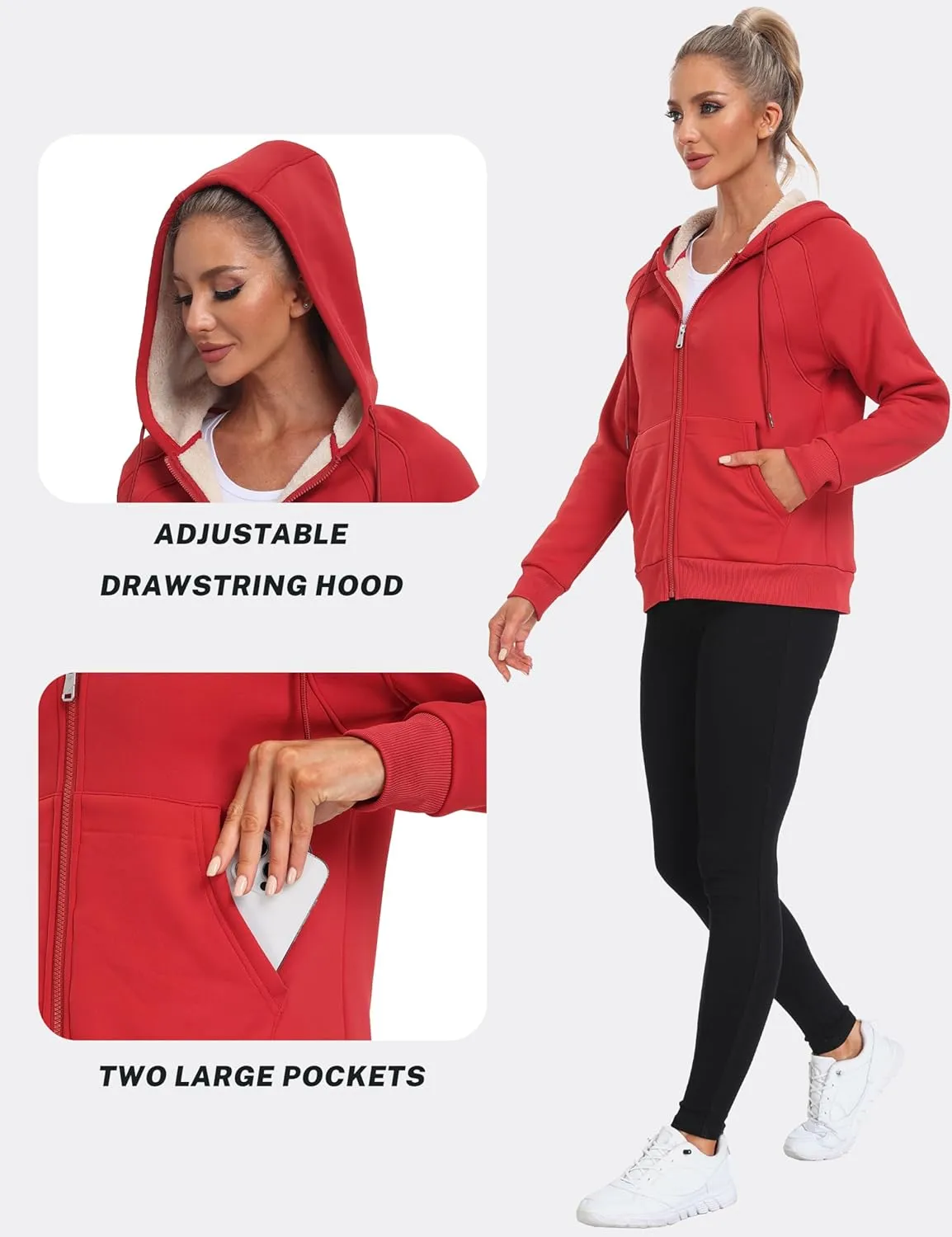Womens Fleece Lined Hoodie Jackets Full Zip Hoodies with Zipper Pocket Warm Hoodie Sweatshirts for Women