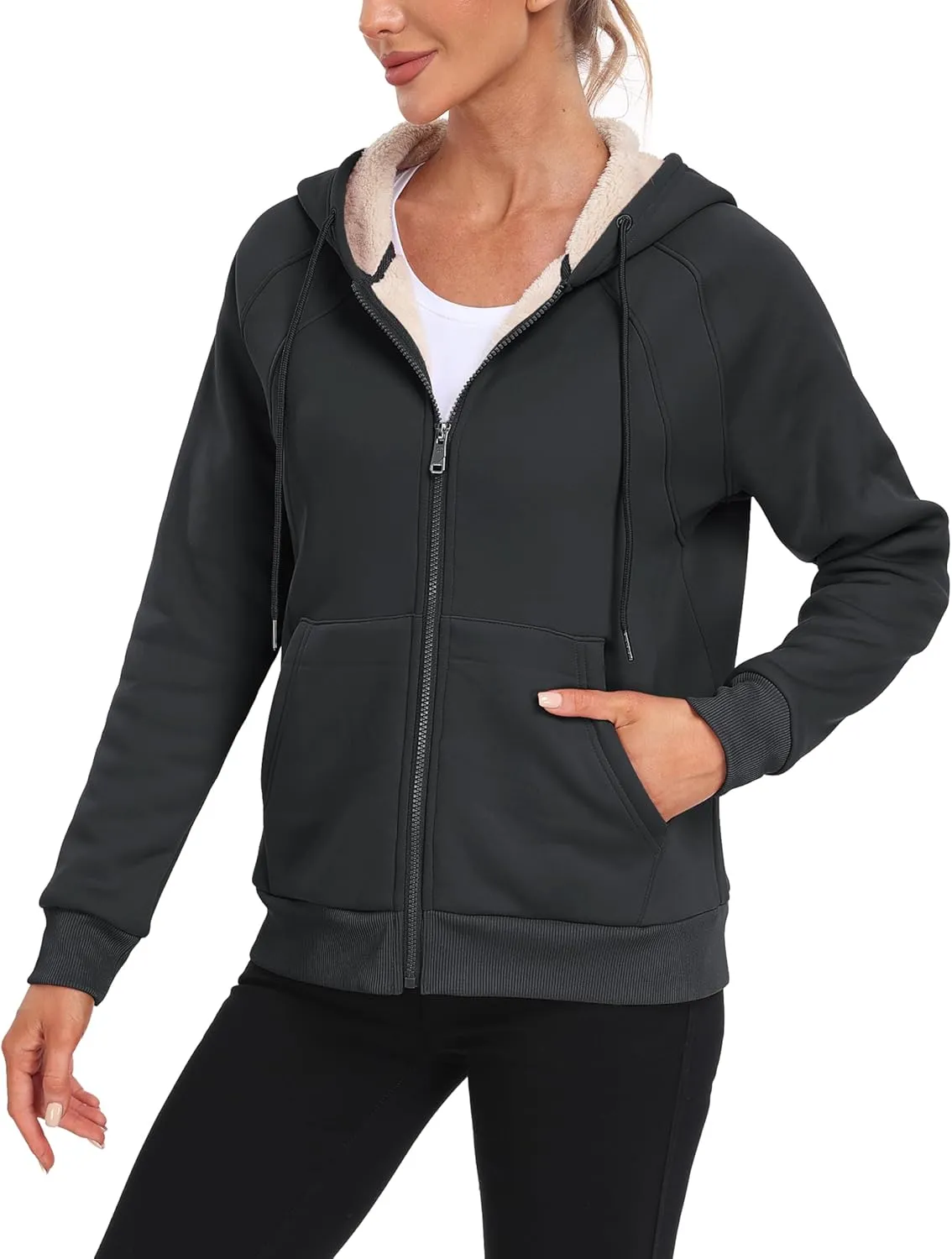 Womens Fleece Lined Hoodie Jackets Full Zip Hoodies with Zipper Pocket Warm Hoodie Sweatshirts for Women