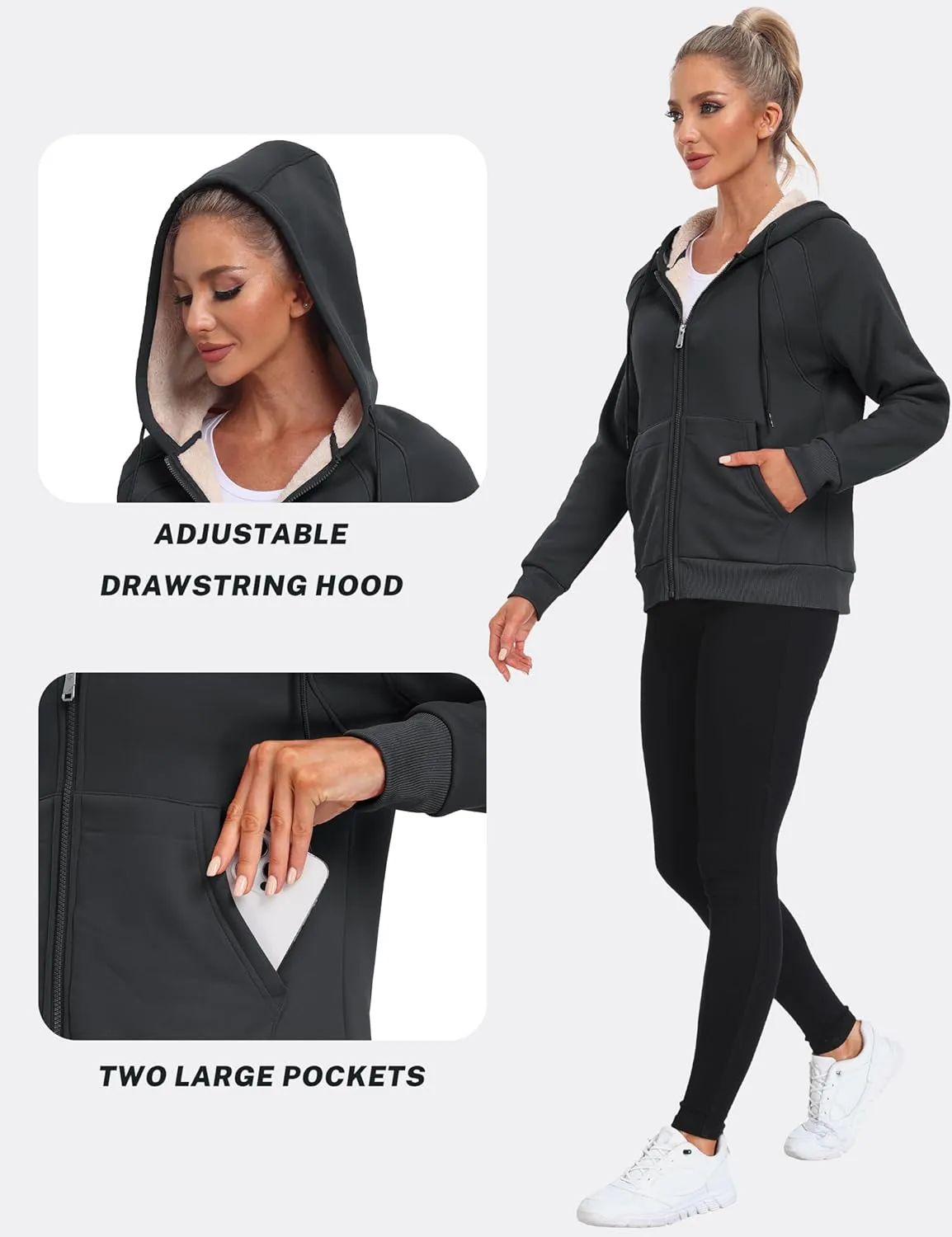Womens Fleece Lined Hoodie Jackets Full Zip Hoodies with Zipper Pocket Warm Hoodie Sweatshirts for Women