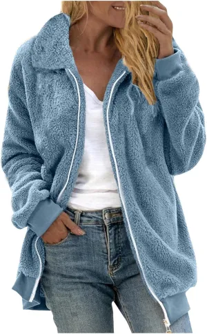 Womens Fuzzy Fleece Open Front Cardigan Jacket Oversized Long Sleeve Lapel Sherpa Warm Teddy Coat With Pockets