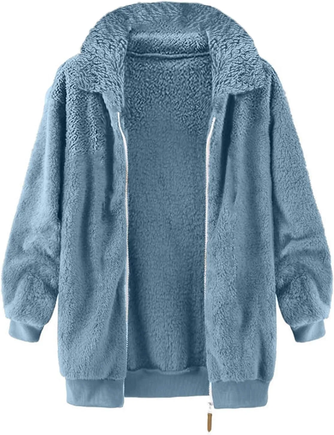 Womens Fuzzy Fleece Open Front Cardigan Jacket Oversized Long Sleeve Lapel Sherpa Warm Teddy Coat With Pockets