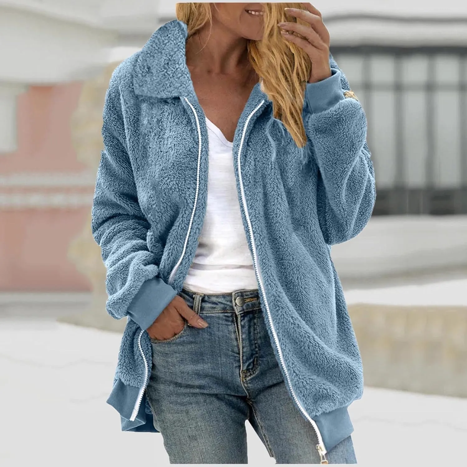 Womens Fuzzy Fleece Open Front Cardigan Jacket Oversized Long Sleeve Lapel Sherpa Warm Teddy Coat With Pockets