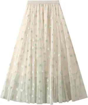 Women's Heart Print Mesh Pleated Midi Skirt High Waist A-Line Flowy Tulle Layered Long Skirts